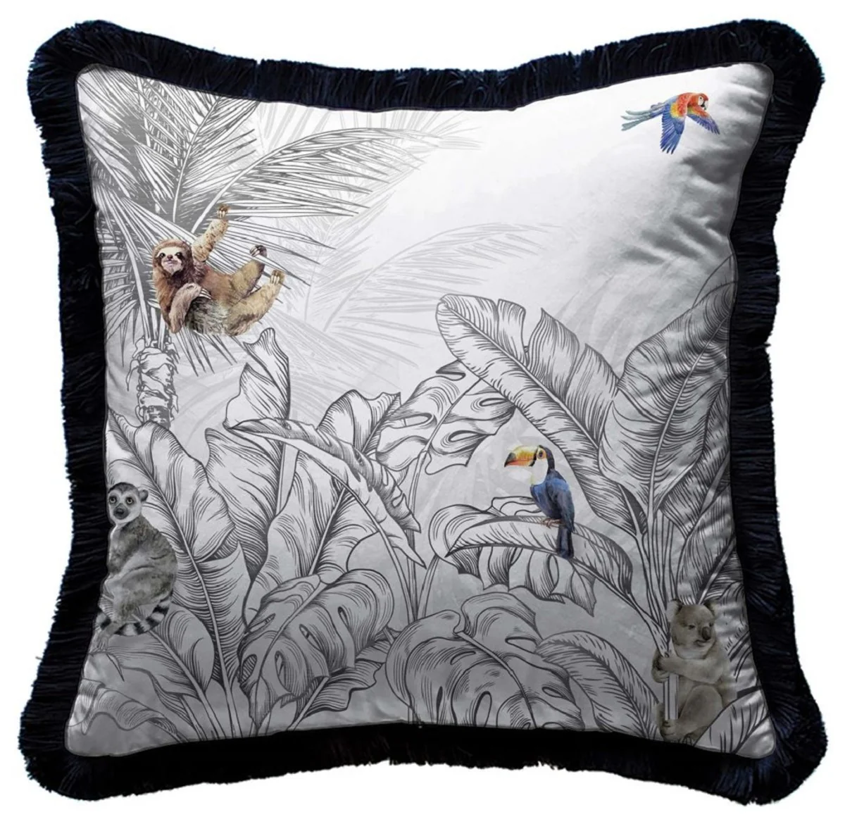 Casa Padrino cojín decorativa de lujo selva y animales gris / multicolor / negro 45 x 45 cm - Almohada de terciopelo estampado con flecos - Accesorios decorativos de lujo