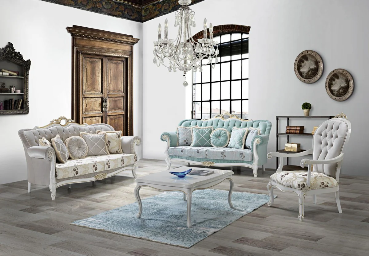 Casa Padrino sof¨¢ de sal¨®n barroco con pedrer¨ªa y estampado de flores gris claro / crema / beige / blanco / oro 215 x 80 x A. 120 cm - Muebles Barrocos