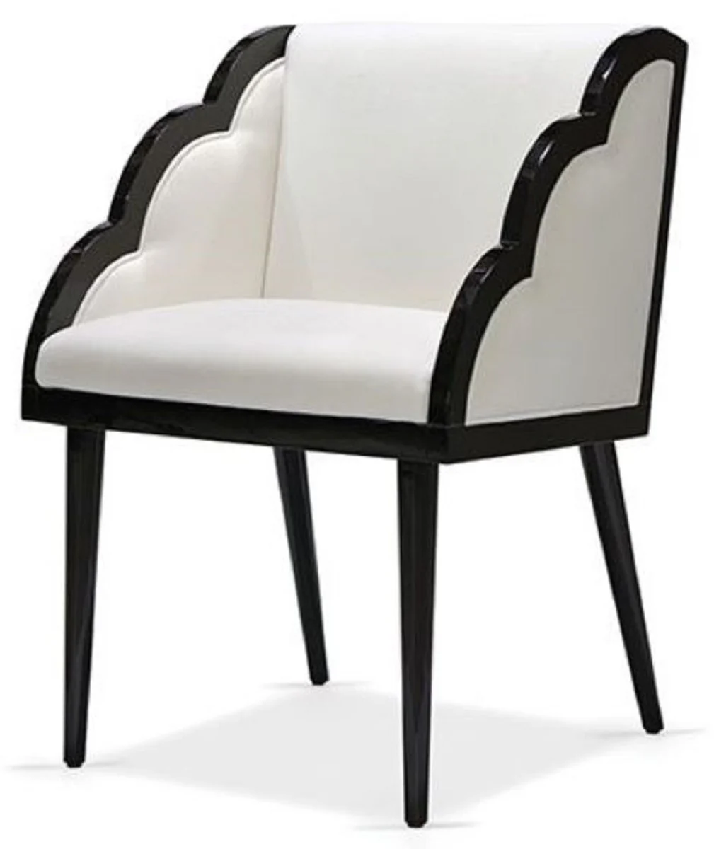 Casa Padrino silla de comedor Art Deco de lujo con reposabrazos blanco / negro 61 x 67 x A. 89 cm - Silla de cocina noble con tela de terciopelo - Muebles de Comedor Art Deco - Calidad de Lujo