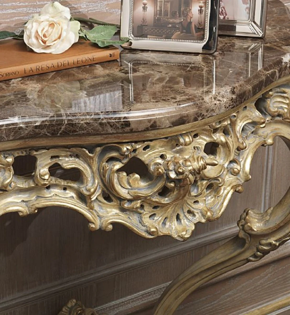 Casa Padrino conjunto de muebles barrocos de lujo consola con espejo oro / gris / marr¨®n - Magn¨ªfica consola con espejo de pared - Muebles de Castillo de Restaurante de Hotel - Calidad de Lujo