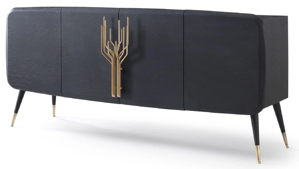 Casa Padrino aparador de lujo negro / lat¨®n antiguo 220 x 55 x A. 98 cm - Armario de madera maciza con 4 puertas - Muebles de comedor - Muebles de sal¨®n - Muebles para hoteles - Muebles de lujo