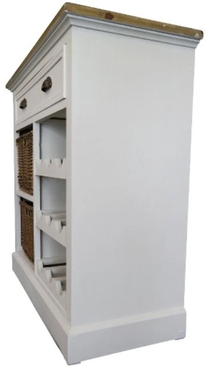 Casa Padrino country style chest with drawer and 2 rattan baskets antique white / natural colors 80 x 35 x H. 80 cm - Handcrafted Chest with Bottle Rack