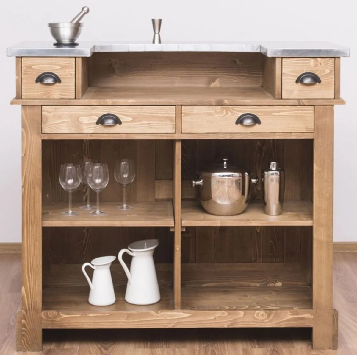 Casa Padrino barra de bar de estilo campestre natural / plata 120 x 65 x A. 107 cm - Barra de bar de madera maciza con sobre de mesa galvanizado - Muebles de bar en estilo campestre