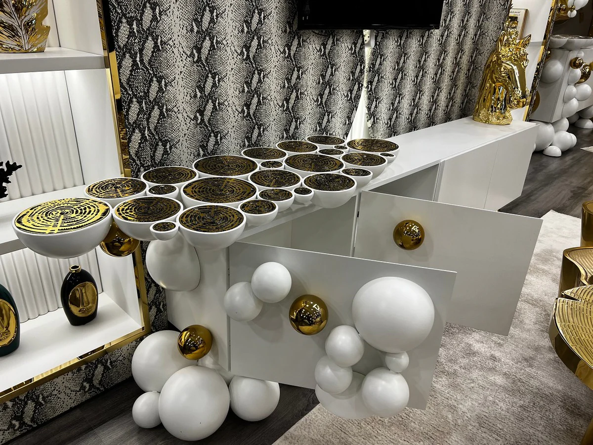 Casa Padrino gabinete de TV de dise?o de lujo blanco / oro 250 x 35 x A. 60 cm - Aparador de madera maciza con 4 puertas - Muebles de lujo - Muebles de hotel - Muebles de dise?o