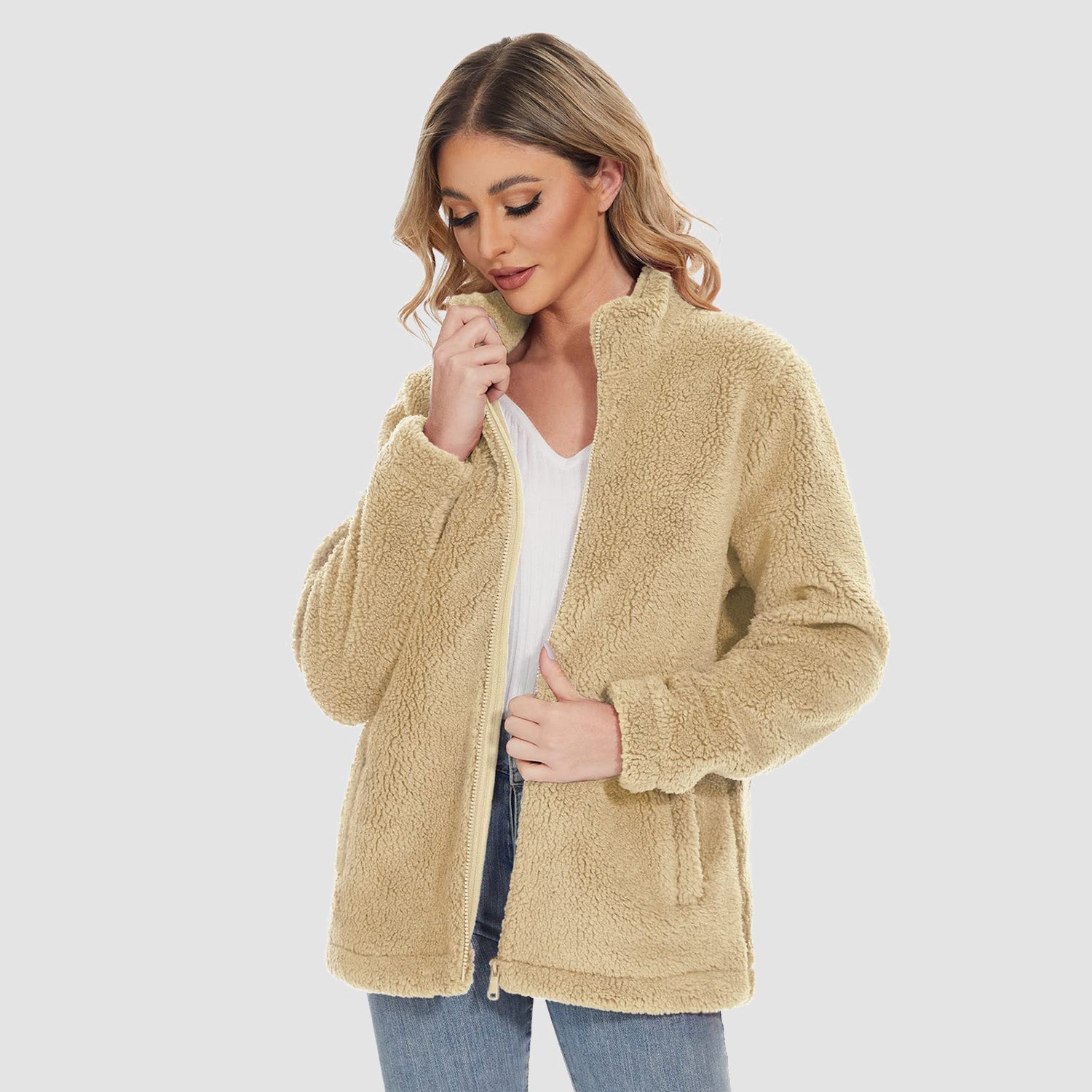 Women Sherpa Jacket Full-Zip Fuzzy Fleece Teddy Casual Coats Zip Pockets Winter Warm Soft Jackets