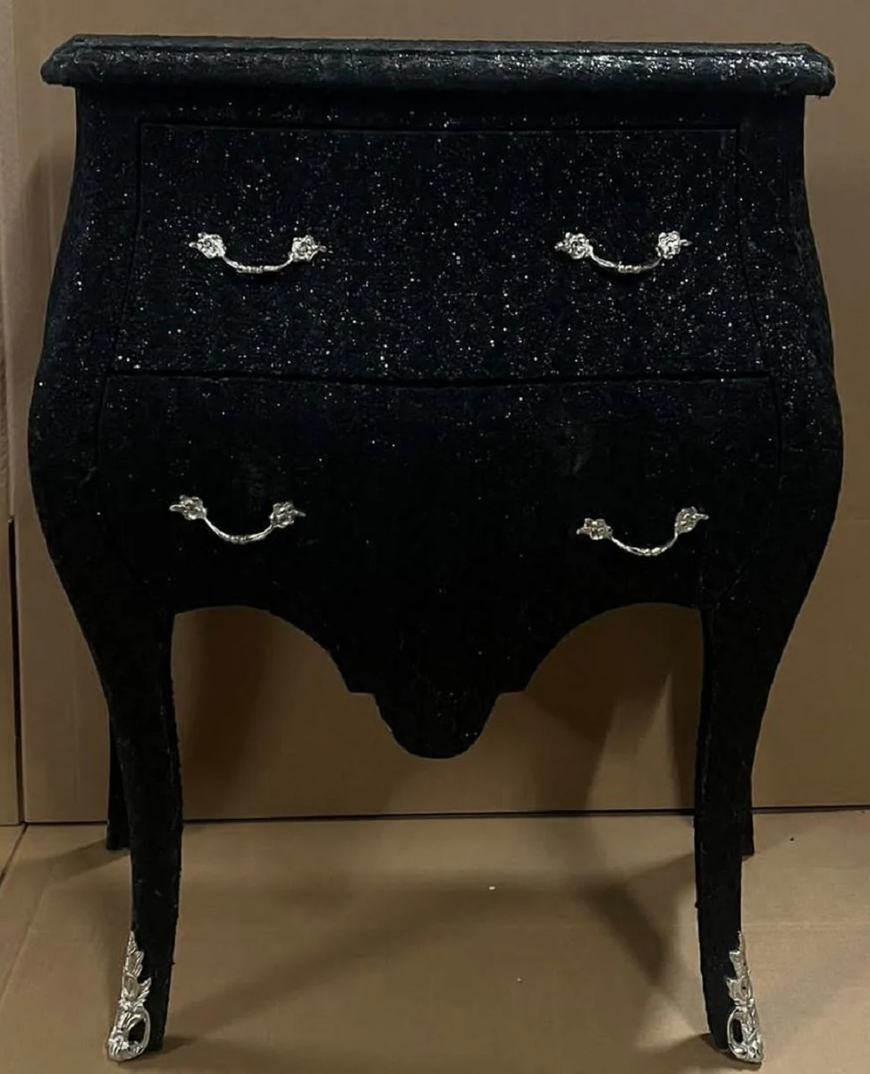Casa Padrino cómoda barroco negro aspecto brillo / plata - Mesita de noche de estilo barroco hecha a mano con 2 cajones - Muebles barrocos - Muebles de dormitorio estilo barroco