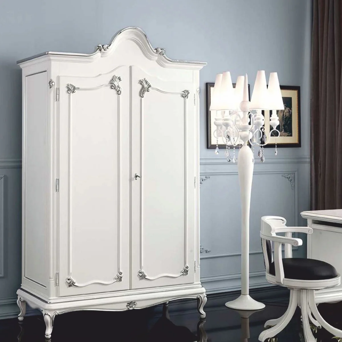 Casa Padrino armario de dormitorio barroco de lujo blanco / plata - Hecho en Italia