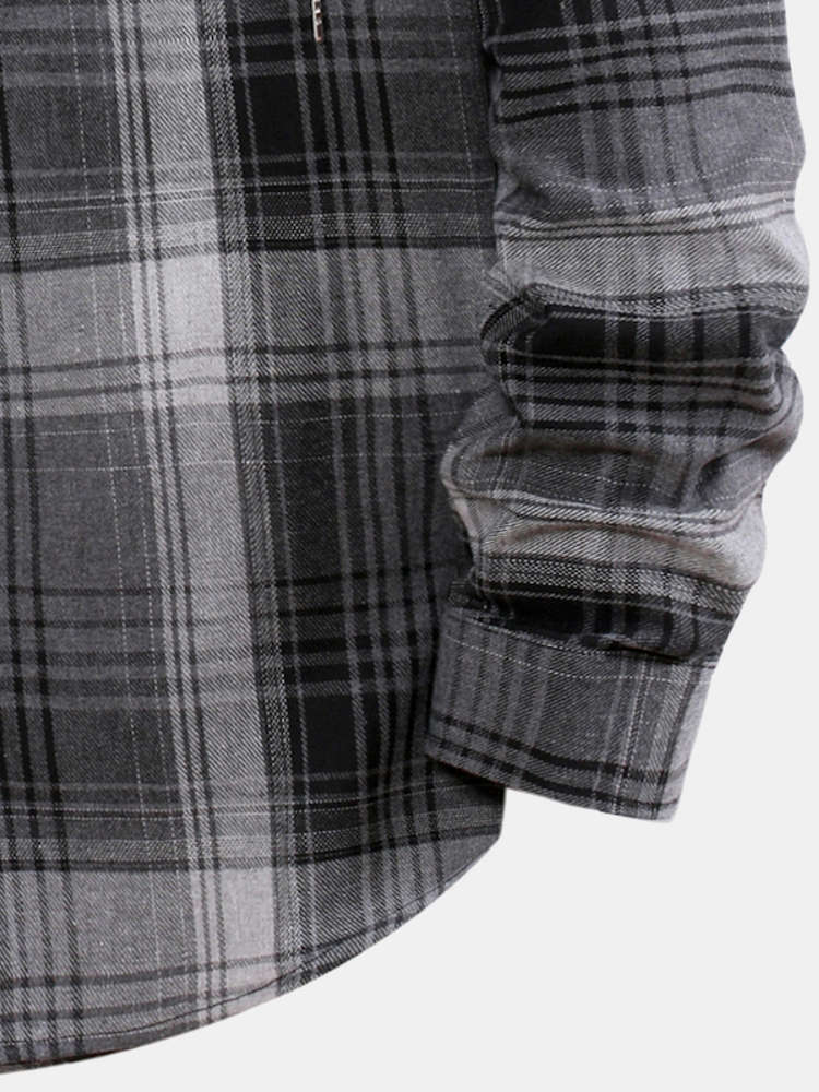 Curved Hem Contrast Hooded Plaid Shirts