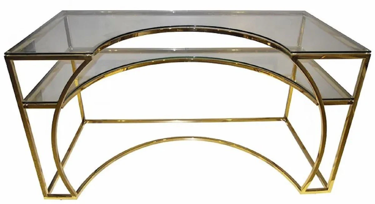 Casa Padrino escritorio de dise?o de lujo oro 140 x 70 x A. 75 cm - Mesa de oficina de metal con tapa de vidrio - Mesa de ordenador - Muebles de oficina de dise?o de lujo