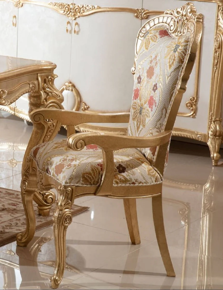 Casa Padrino silla de comedor barroco de lujo con reposabrazos multicolor / oro A. 115 cm