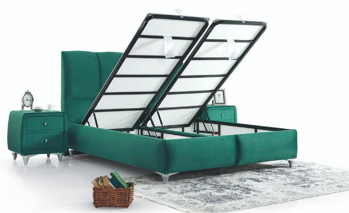 Casa Padrino cama doble de lujo verde / plata - Cama moderna de madera maciza - Muebles de Dormitorio y de Hotel Moderno - Colección de Lujo