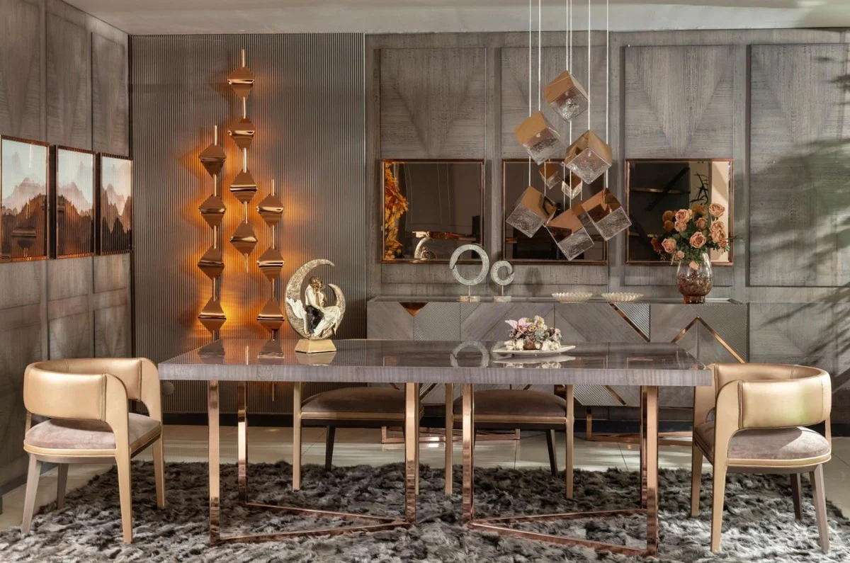 Casa Padrino mesa de comedor de lujo gris / cobre 210 x 100 x A. 75 cm - Mesa de cocina rectangular con tapa de madera maciza y patas de metal - Muebles de comedor - Muebles de lujo