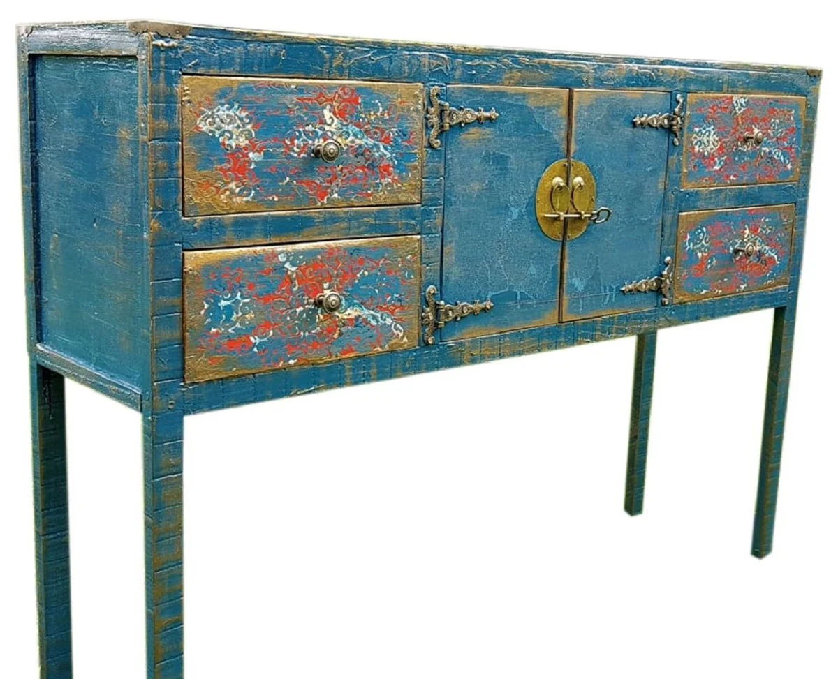 Casa Padrino cómoda de estilo campestre de lujo con 2 puertas y 4 cajones azul antiguo - Gabinete Hecho a Mano de Estilo Campestre