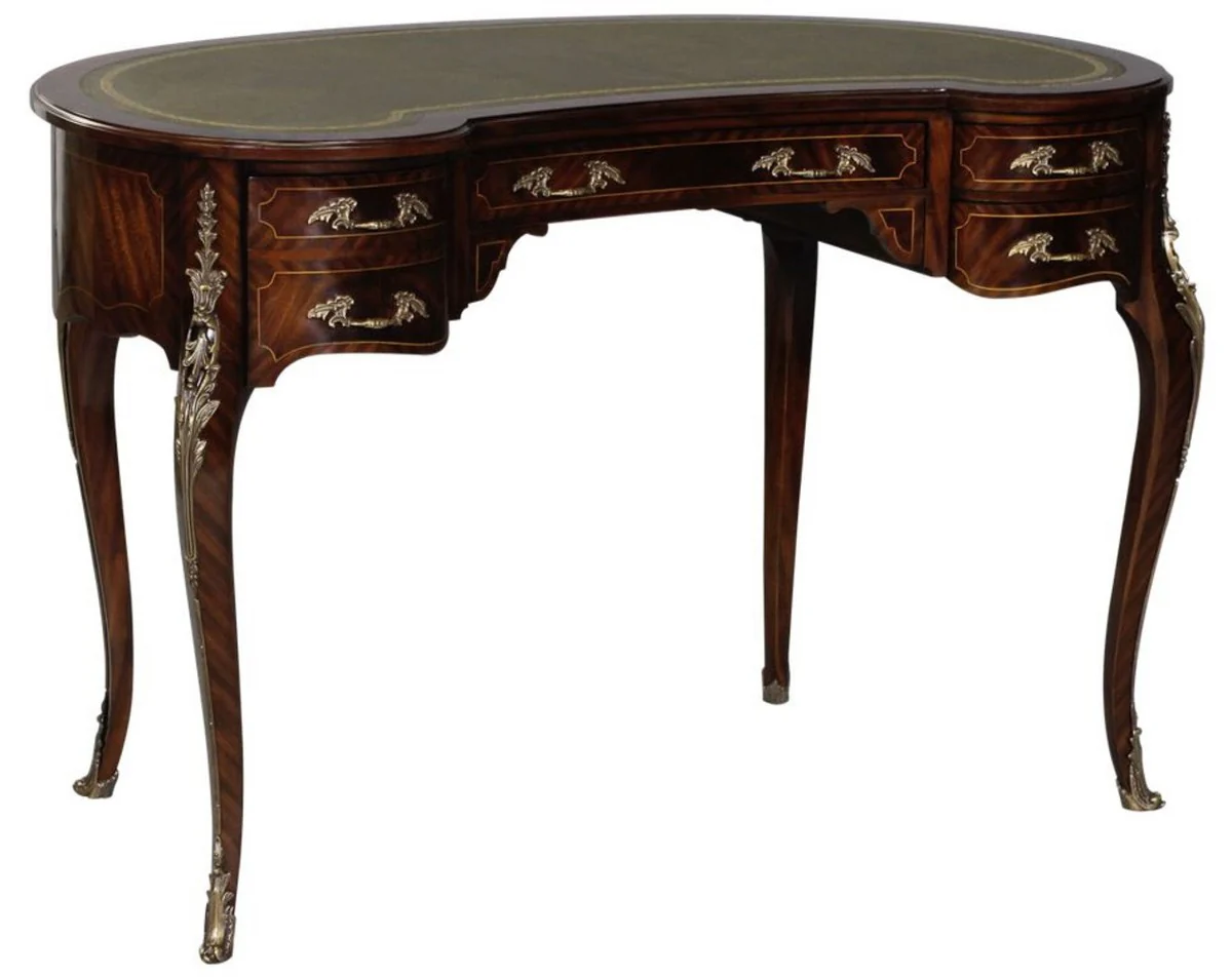 Casa Padrino escritorio barroco de lujo marr¨®n oscuro / plata / gris / oro - Escritorio de caoba hecho a mano con 5 cajones - Mobiliario de oficina barroco noble