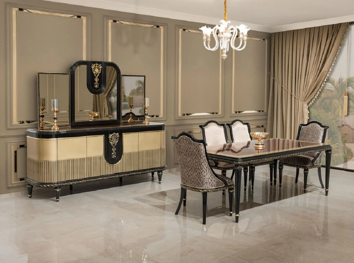 Casa Padrino conjunto de comedor barroco de lujo plata / marr¨®n / negro / oro - 1 Mesa de Comedor Barroco y 6 Sillas de Comedor Barrocos - Muebles de comedor de lujo estilo barroco