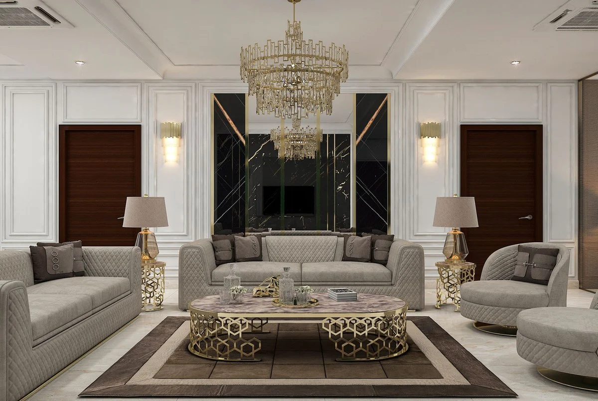 Casa Padrino mesa de centro de lujo con tablero de m¨¢rmol artificial gris-negro / oro 140 cm