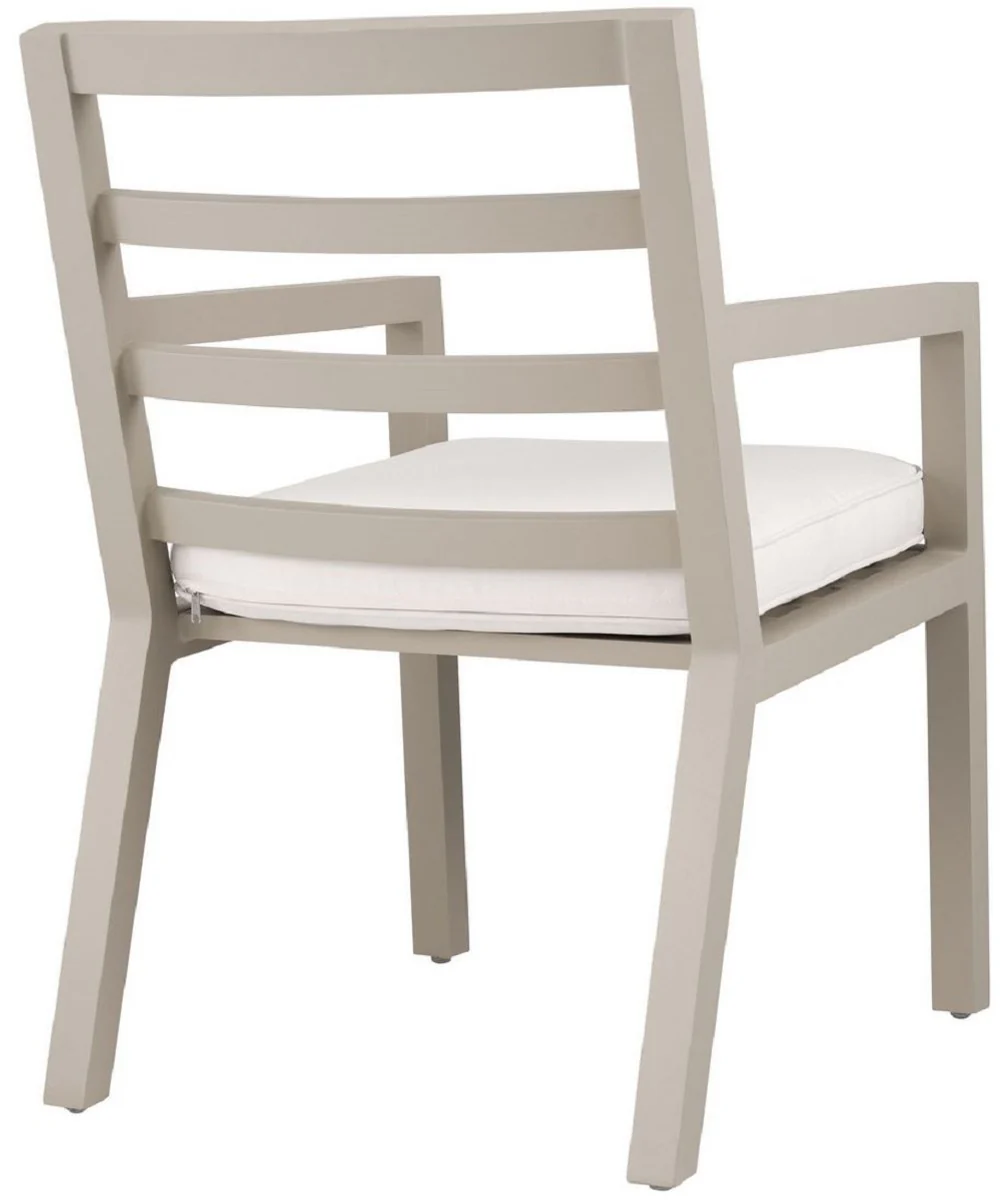 Casa Padrino silla de comedor de lujo con reposabrazos arena / blanco 56 x 66,5 x A. 87 cm - Silla de aluminio resistente a la intemperie con cojín de asiento - Silla de Jardín de Terraza