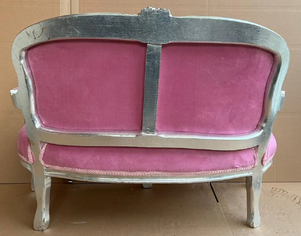 Casa Padrino banco infantil barroco con pedrería y reposabrazos rosa / plata - Magnífico banco para habitación infantil de estilo antiguo - Muebles infantiles de estilo barroco