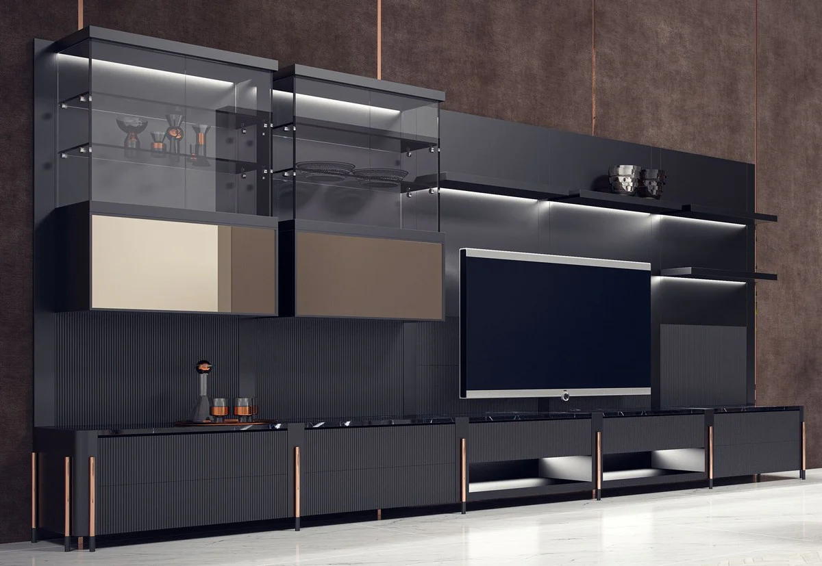 Casa Padrino armario de TV de lujo negro mate / negro / cobre 452 x 47 x A. 202 cm - Armario de sal¨®n con iluminaci¨®n LED - Muebles de sal¨®n - Muebles de hotel - Muebles de lujo