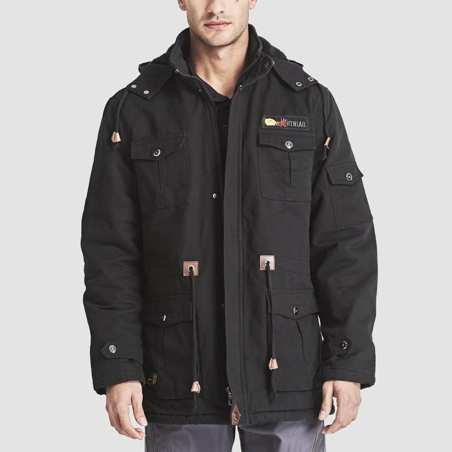 Men's Jacket Winter Cotton Military Trucker Cargo Jacket Fleece Lined Coats With Removable Hood