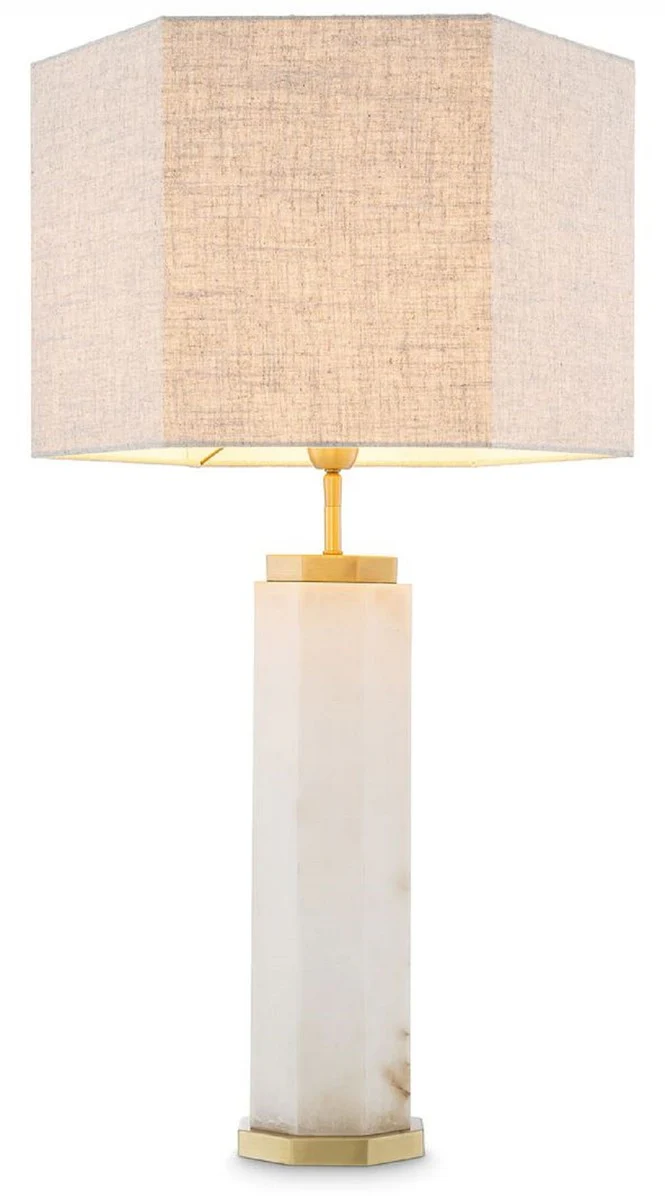 Casa Padrino lámpara de mesa de lujo blanco / latón antiguo / gris 46 x 46 x A. 84,5 cm - Lámpara de escritorio de alabastro con pantalla hexagonal - Lámparas mesa - Lámparas escritorio