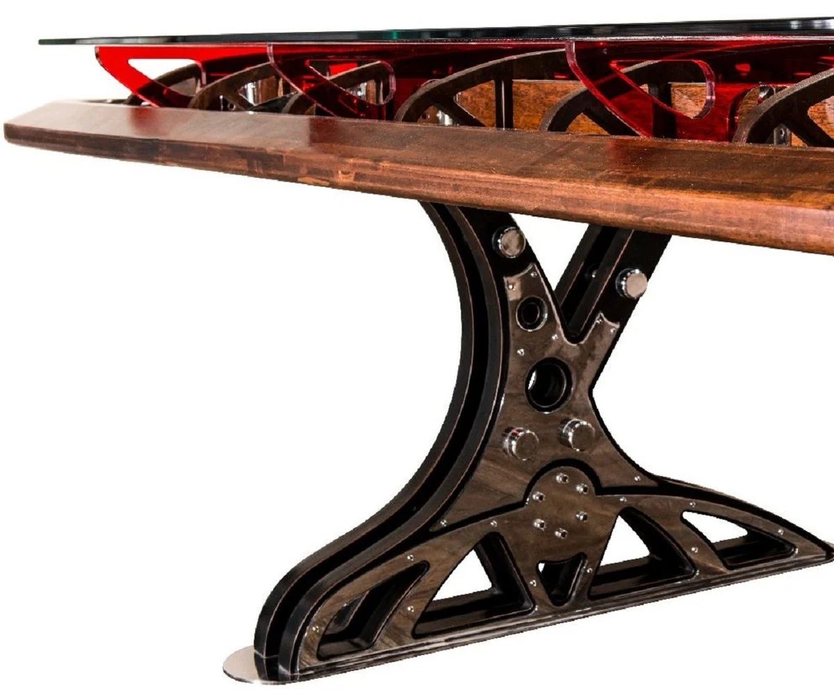 Casa Padrino escritorio de estilo industrial de lujo con tapa de vidrio plata / marrón / rojo 333 x 125 x A. 78,5 cm - Mesa de oficina de estilo industrial - Muebles de estilo industrial de lujo