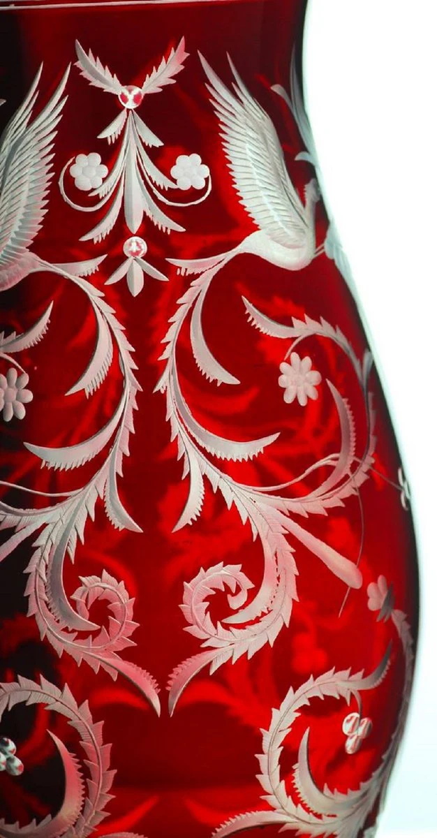 Casa Padrino florero de vidrio decorativo de lujo rojo / plata Ø 14 x A. 30 cm - Jarrón de flores hecho a mano y grabado a mano - Accesorios de Hotel y Restaurante - Calidad de Lujo