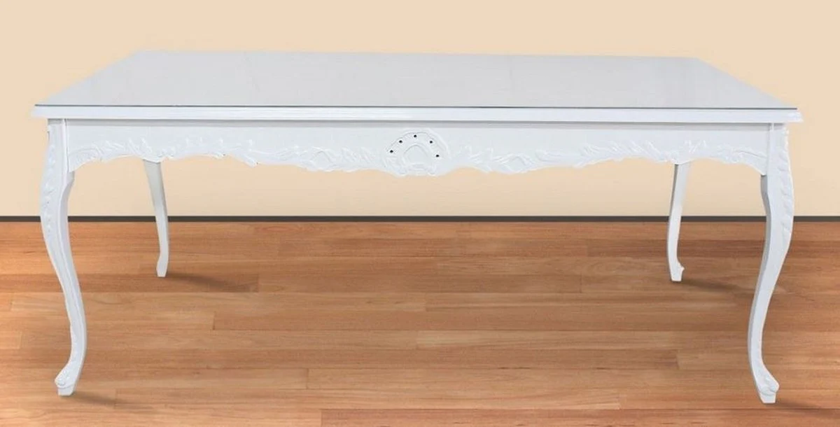 Casa Padrino mesa de comedor barroco blanco 200 x 100 x A. 90 cm - Mesa de cocina de madera maciza con tapa de vidrio - Muebles de comedor barrocos