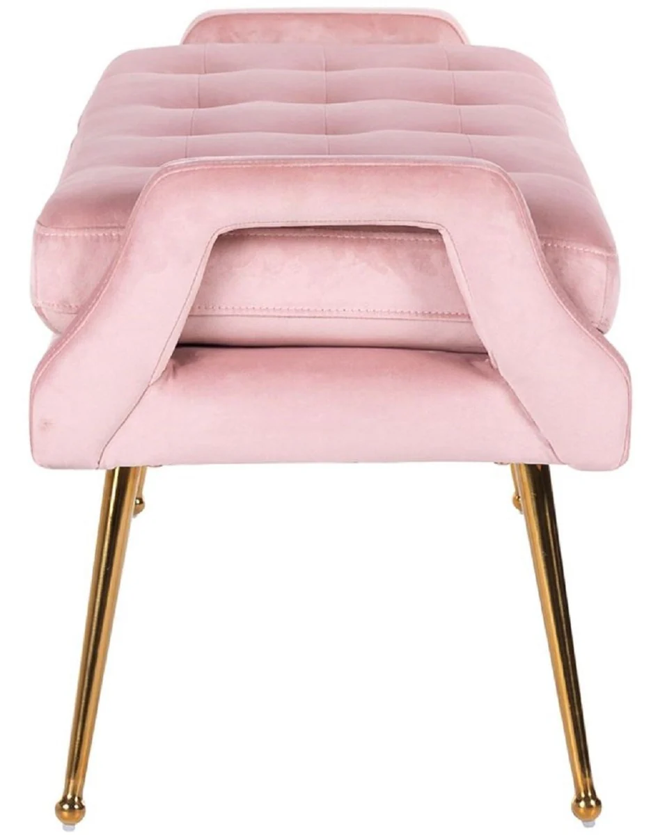 Casa Padrino banco de terciopelo de lujo rosa / oro 121,5 x 45 x A. 51,5 cm - Banco tapizado de madera maciza con terciopelo fino y patas de acero inoxidable - Colecci¨®n de Lujo