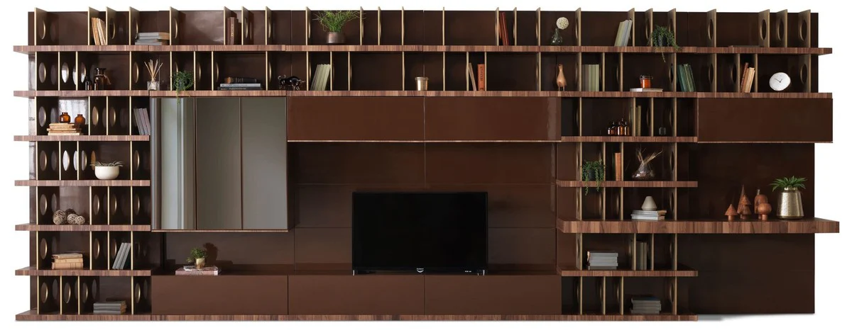 Casa Padrino armario de TV de lujo marr¨®n oscuro / marr¨®n / lat¨®n 576 x 60 x A. 224 cm - Armario de sal¨®n enorme de madera maciza - Muebles de sal¨®n - Muebles de hotel - Muebles de lujo