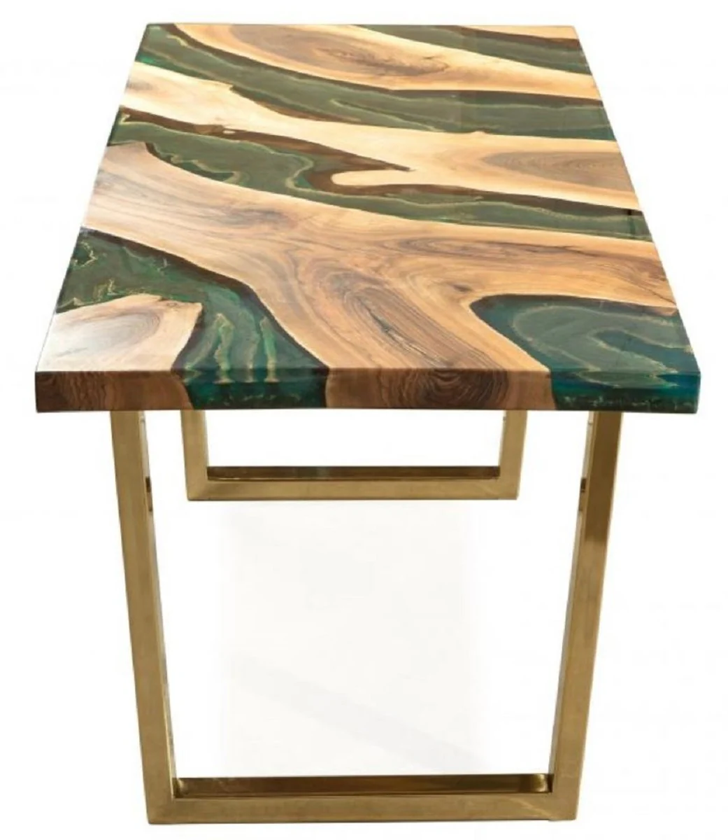 Casa Padrino mesa de comedor de lujo natural / marr¨®n / verde / oro 160 x 80 x A. 76 cm - Mesa de cocina rectangular con resina epoxi - Muebles de comedor de lujo - Muebles de resina epoxi