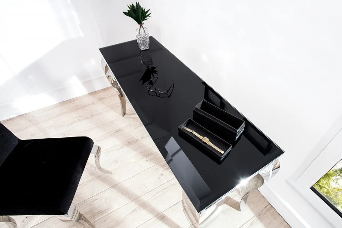 Consola de dise?o de Casa Padrino B144cm x H 75cm x D 54cm Negro / Plata - Mesa consola de lujo