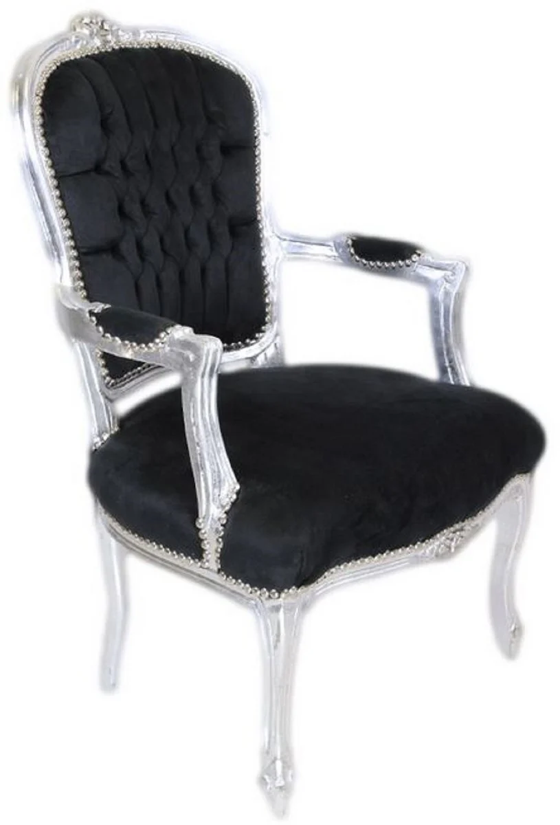 Casa Padrino silla de sal¨®n barroco negro / plata - Silla de estilo antiguo hecha a mano con terciopelo fino - Muebles de estilo barroco - Muebles barrocos - Interiores barrocos