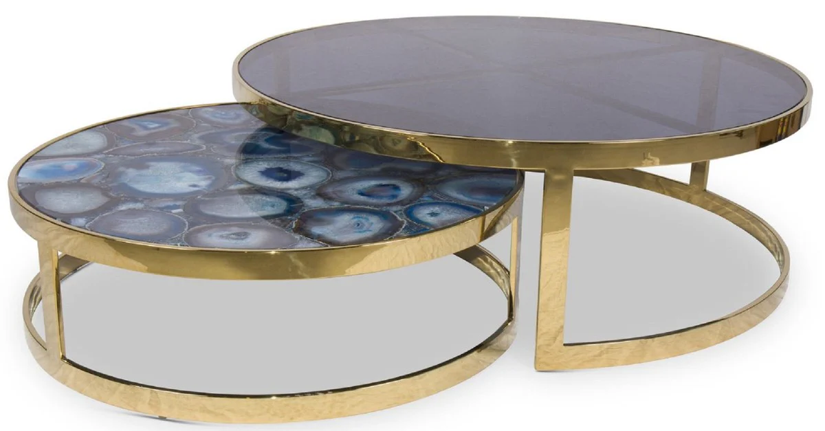 Casa Padrino conjunto de mesa de centro de lujo azul / oro - 2 Mesas de sal¨®n redondas con piedras preciosas de ¨¢gata y placa de vidrio - Calidad de Lujo - Muebles de Sal¨®n de Lujo