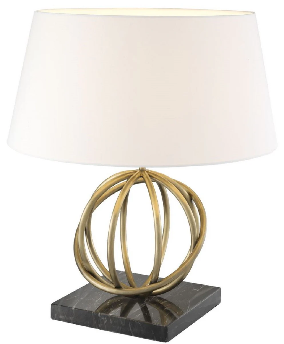 Casa Padrino lámpara de mesa de lujo latón antiguo / negro / blanco Ø 50 x H. 57 cm - Lámpara de Mesa de Latón con Base de Mármol y Pantalla Redonda