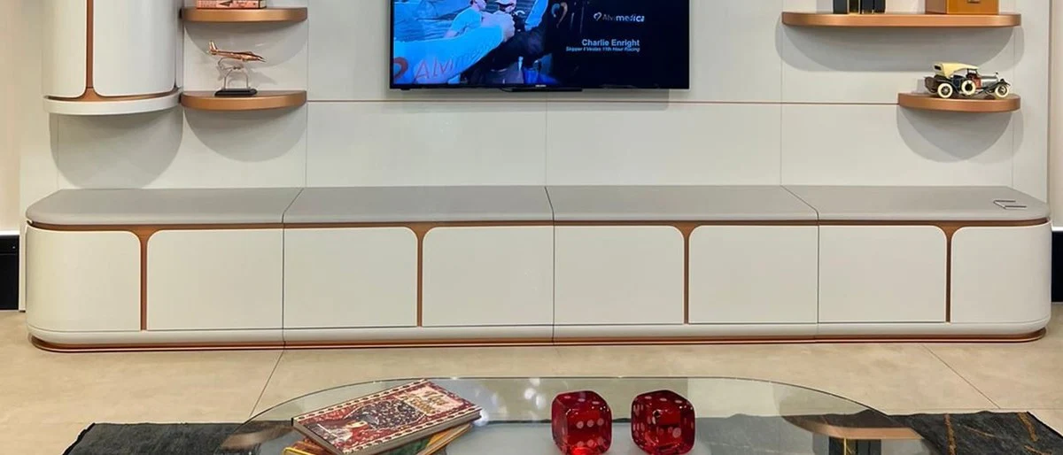 Casa Padrino aparador de TV de lujo blanco / gris / cobre 400 cm - Muebles de salón y hotel