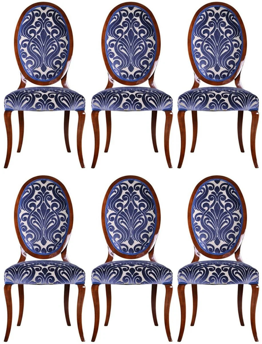 Casa Padrino conjunto de 6 sillas de comedor Art Nouveau de lujo azul / crema / marr¨®n 51 x 48 x A. 106 cm - Elegantes sillas de cocina con patr¨®n - Muebles de Comedor Barrocos y Art Nouveau