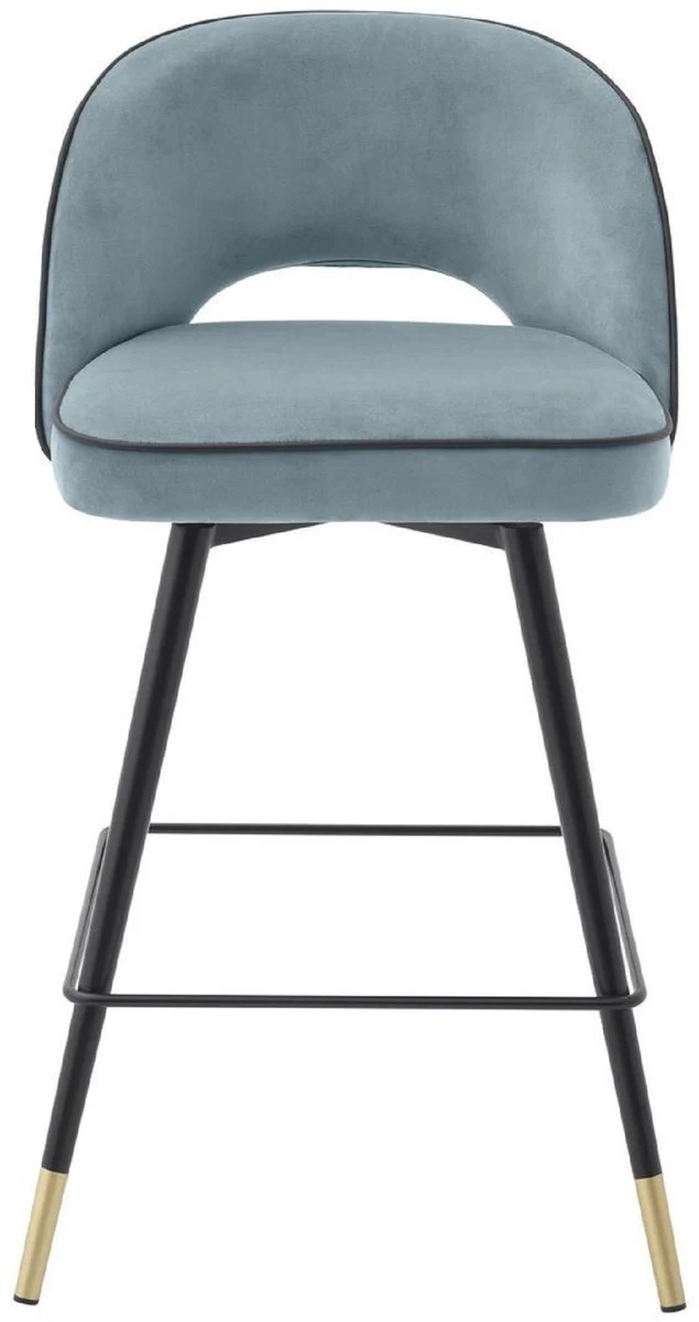 Casa Padrino conjunto de sillas de bar de lujo azul / negro / lat¨®n 51 x 52 x A. 92,5 cm - Taburetes de bar con asiento giratorio y tela de terciopelo noble - Muebles de Bar de Lujo