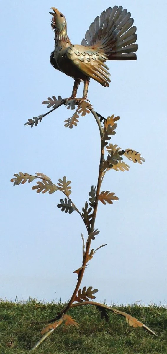 Casa Padrino escultura de decoración de jardín gallo en rama óxido 87 x 70 x A. 160 cm - Figura de Jardín Hecha a Mano - Decoración de Jardín