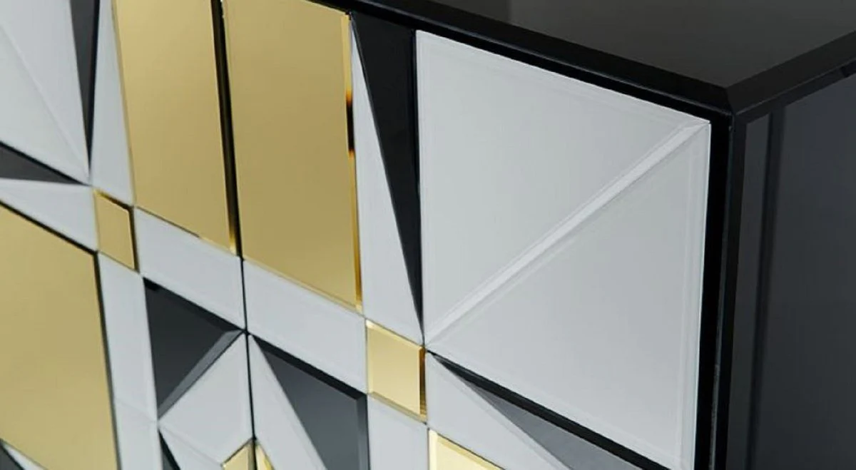 Casa Padrino aparador de lujo negro / blanco / oro 140 x 45 x A. 80 cm - Armario de madera maciza con 4 puertas espejadas - Muebles de Lujo