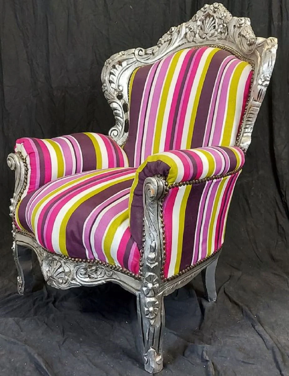Casa Padrino sillón barroco con rayas multicolor / plata - Sillón de salón de madera maciza hecho a mano - Sillón de salón de estilo antiguo - Muebles de salón barrocos - Pieza de Exhibición!