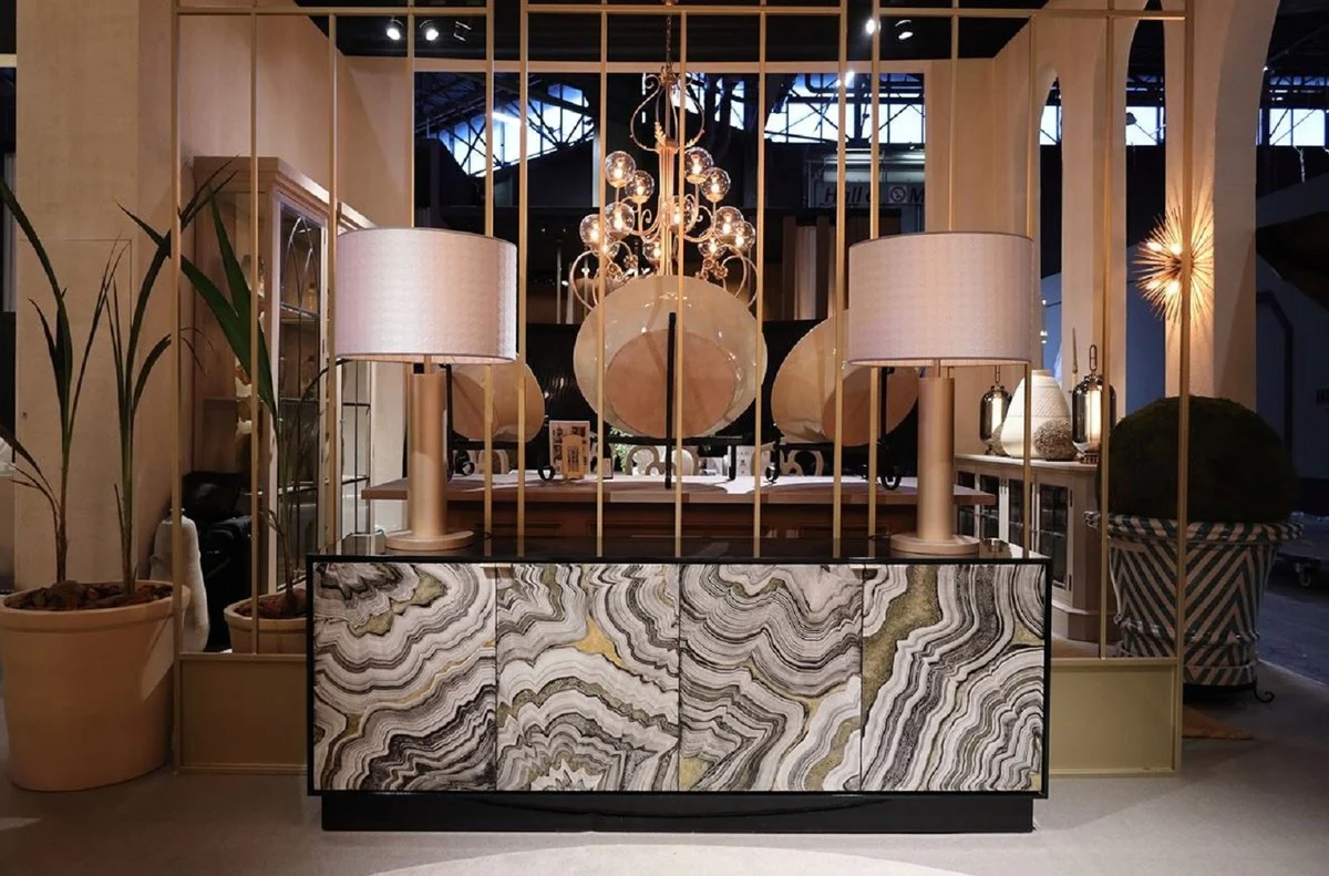 Casa Padrino aparador de lujo negro / gris / oro 200 x 40 x A. 76 cm - Gabinete de madera maciza con 4 puertas pintadas a mano - Muebles de lujo - Colección de lujo