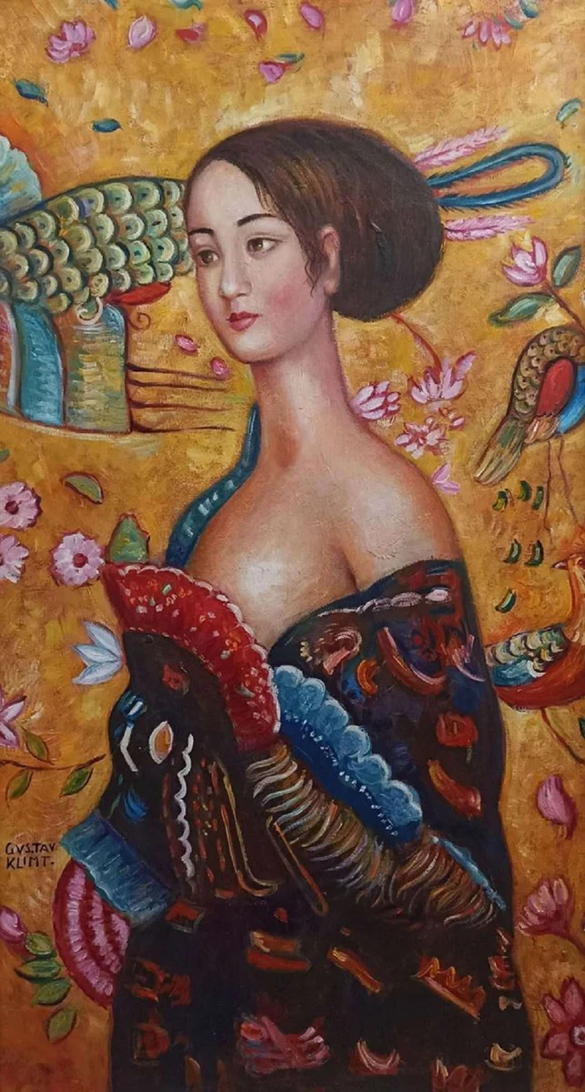 Cuadro pintura al óleo vintage según Gustav Klimt Dama 60,96 x A. 101,60 cm - Pintura antigua auténtica según original - Pintada a mano