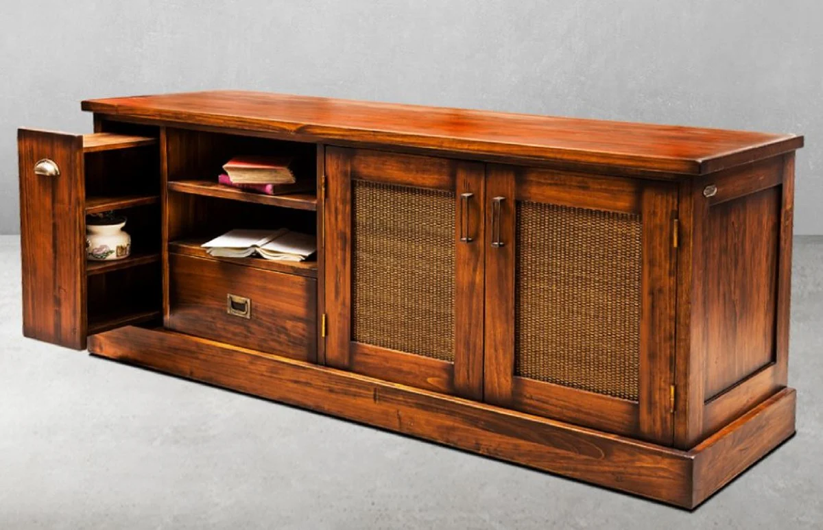 Casa Padrino armario de TV Lujo de estilo vintage marrón / latón 161 x 52 x A. 66 cm - Aparador estilo vintage con 2 puertas y 2 cajones - Mueble de salón de estilo vintage - Muebles de lujo