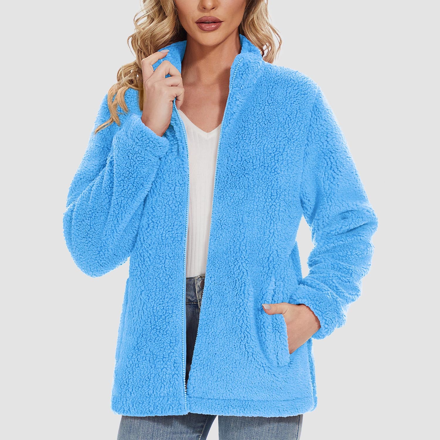 Women Sherpa Jacket Full-Zip Fuzzy Fleece Teddy Casual Coats Zip Pockets Winter Warm Soft Jackets