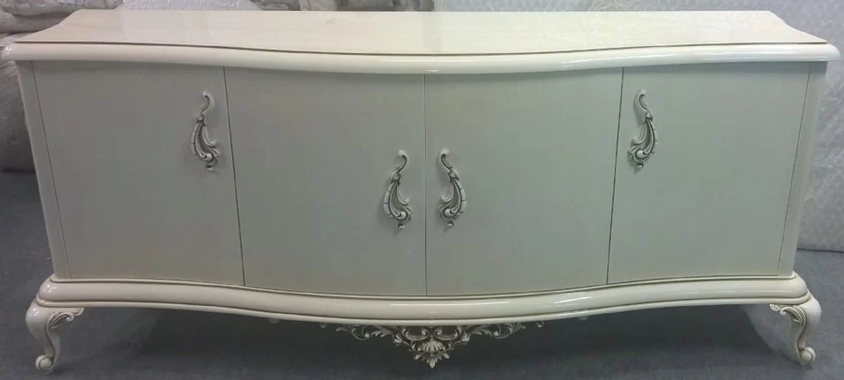 Casa Padrino aparador barroco de lujo de madera maciza blanco alto brillo con pátina - Armario hecho a mano con 4 puertas - Muebles barrocos de lujo - Muebles de salón en estilo barroco