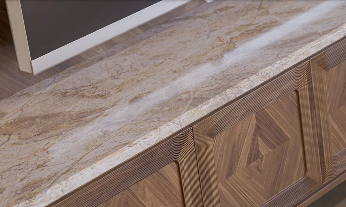 Casa Padrino conjunto de armario de TV de lujo marr¨®n / beige / lat¨®n - Aparador de sal¨®n con 4 puertas y pared trasera de TV iluminada - Muebles de sal¨®n - Muebles de hotel - Muebles de lujo