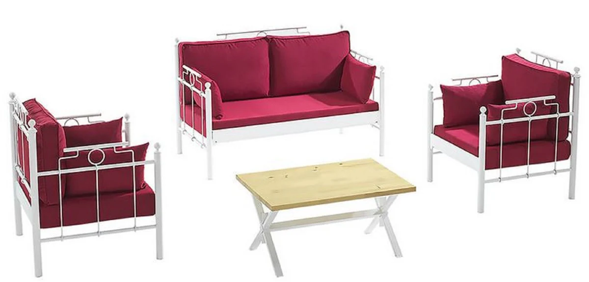 Casa Padrino Art Nouveau Conjunto de Muebles de Jardín Rojo Burdeos / Blanco - 1 Sofá y 2 Sillones y 1 Mesa - Muebles de Jardín y Patio Art Nouveau