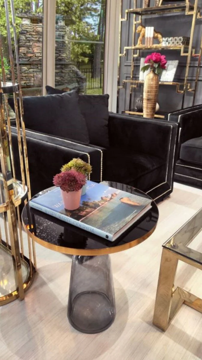 Casa Padrino mesa auxiliar de lujo negro / gris / oro ? 50 x A. 53 cm - Mesa redonda de vidrio - Muebles de sal¨®n modernos