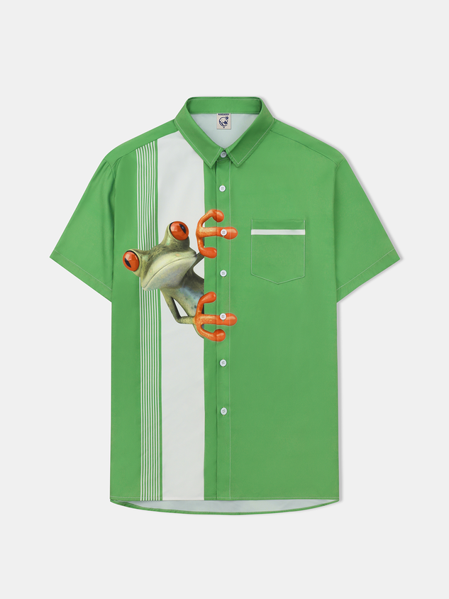 Animal Frog Chest Pocket Short Sleeve Bowling Shirt